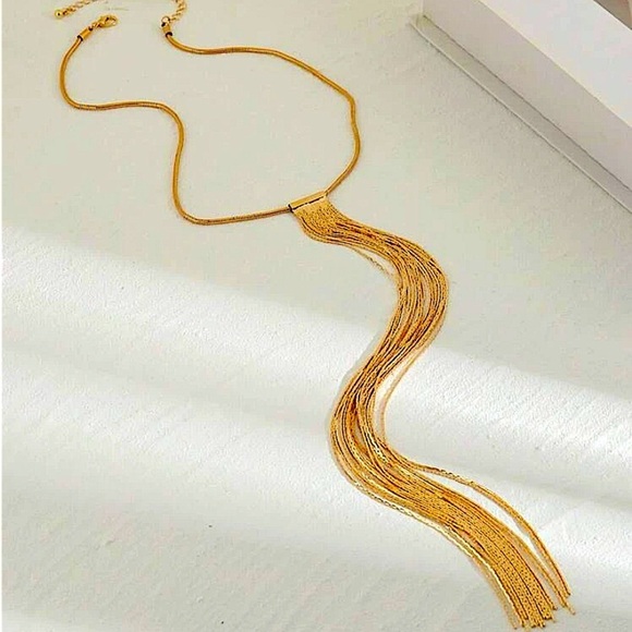 Gold Plated Tassel Fringe Long Statement Necklace - Picture 3 of 6